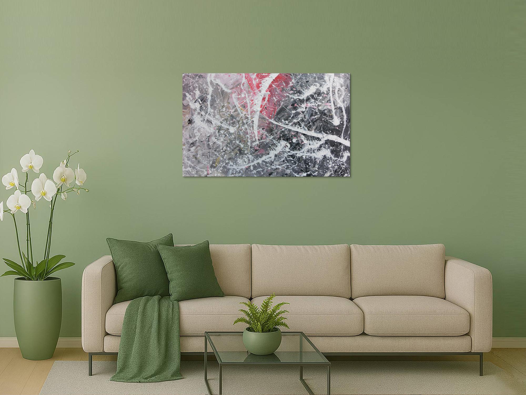 Abstrktes Gemälde in grau weiß rot moderne Malerei Action Painting