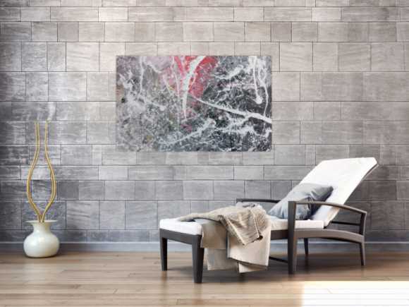 Abstrktes Gemälde in grau weiß rot moderne Malerei Action Painting