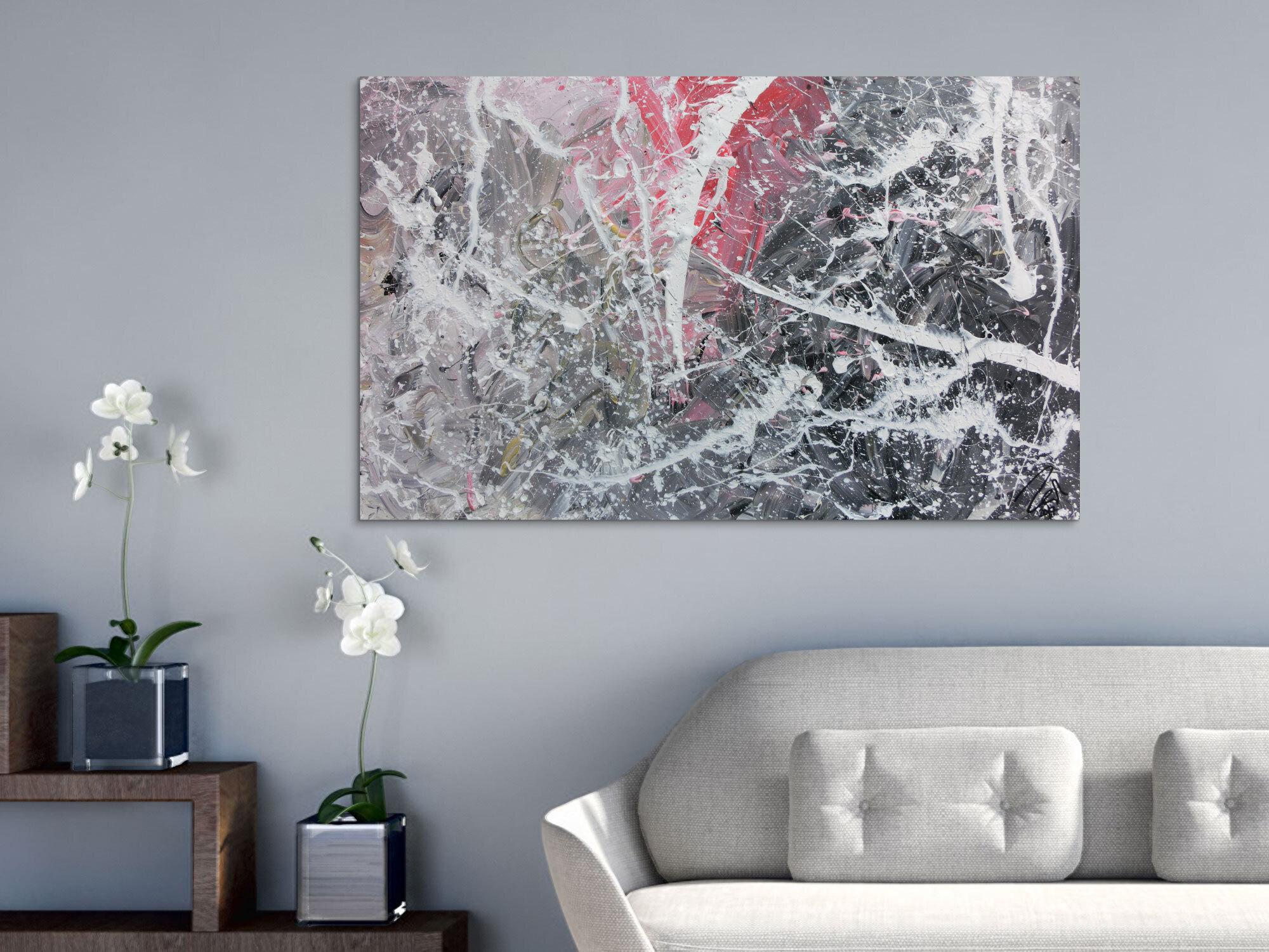 Abstrktes Gemälde in grau weiß rot moderne Malerei Action Painting