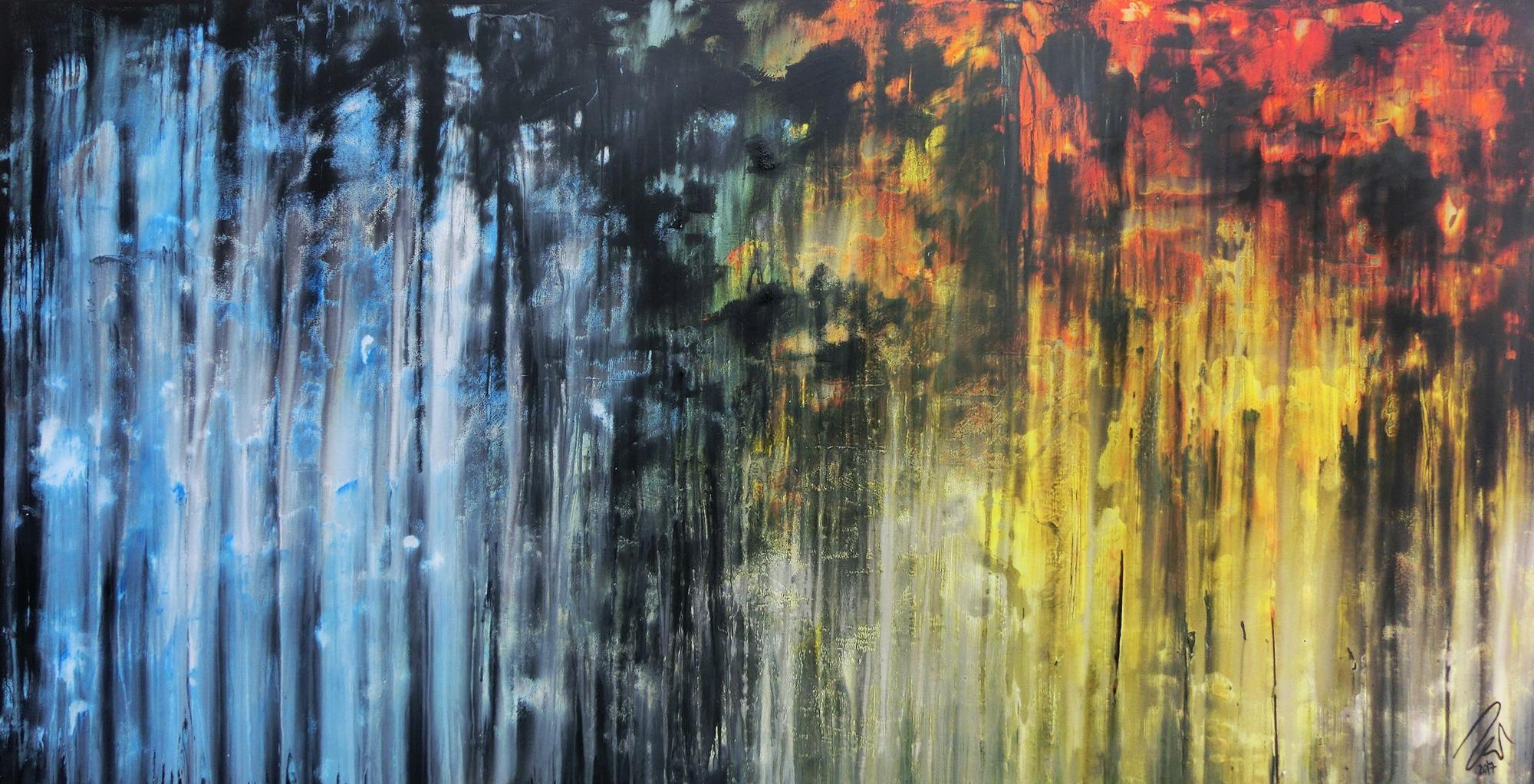 Abstraktes Gemälde sehr ausdrucksstark in blau gelb und schwarz