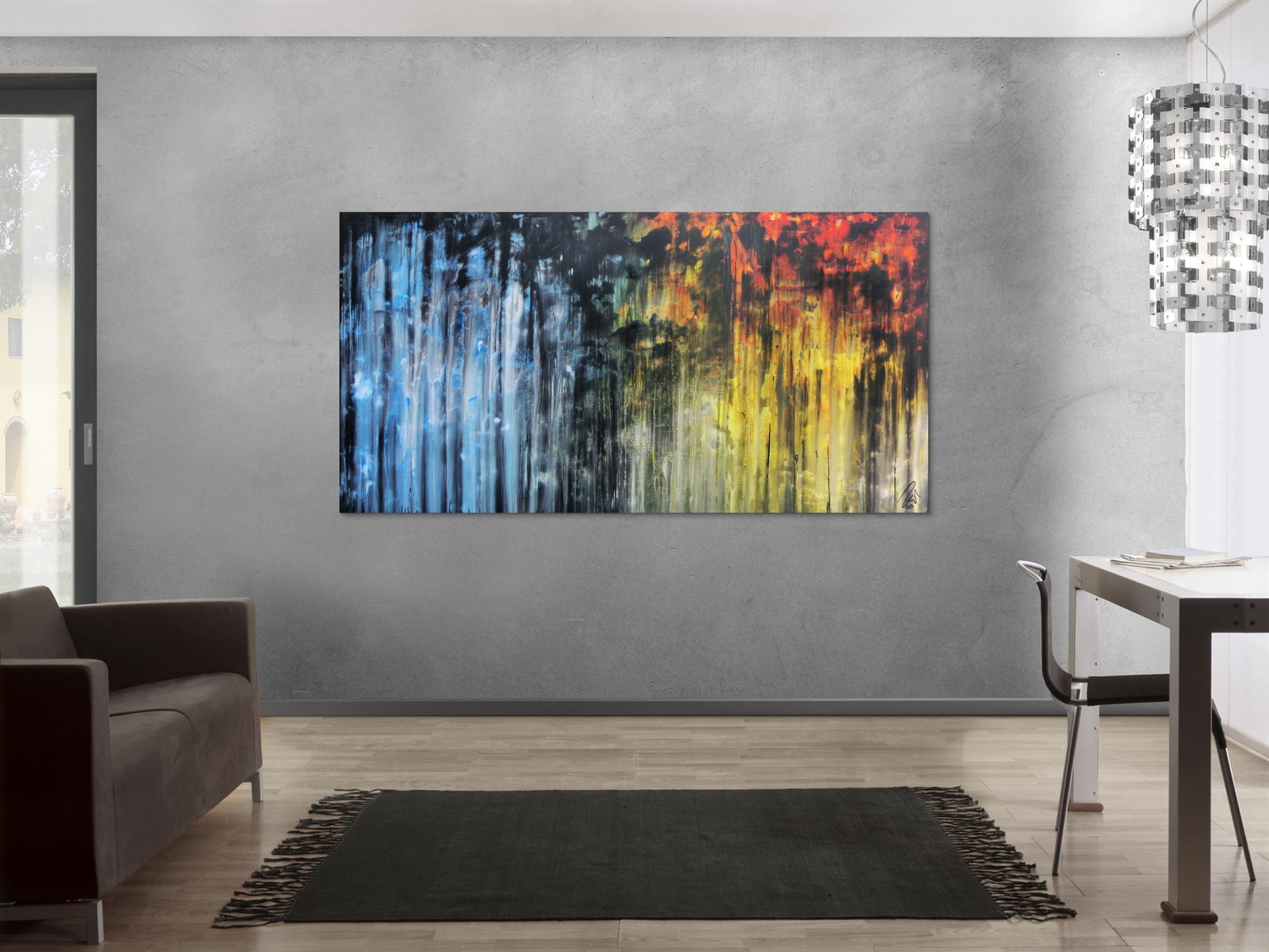 Abstraktes Gemälde sehr ausdrucksstark in blau gelb und schwarz