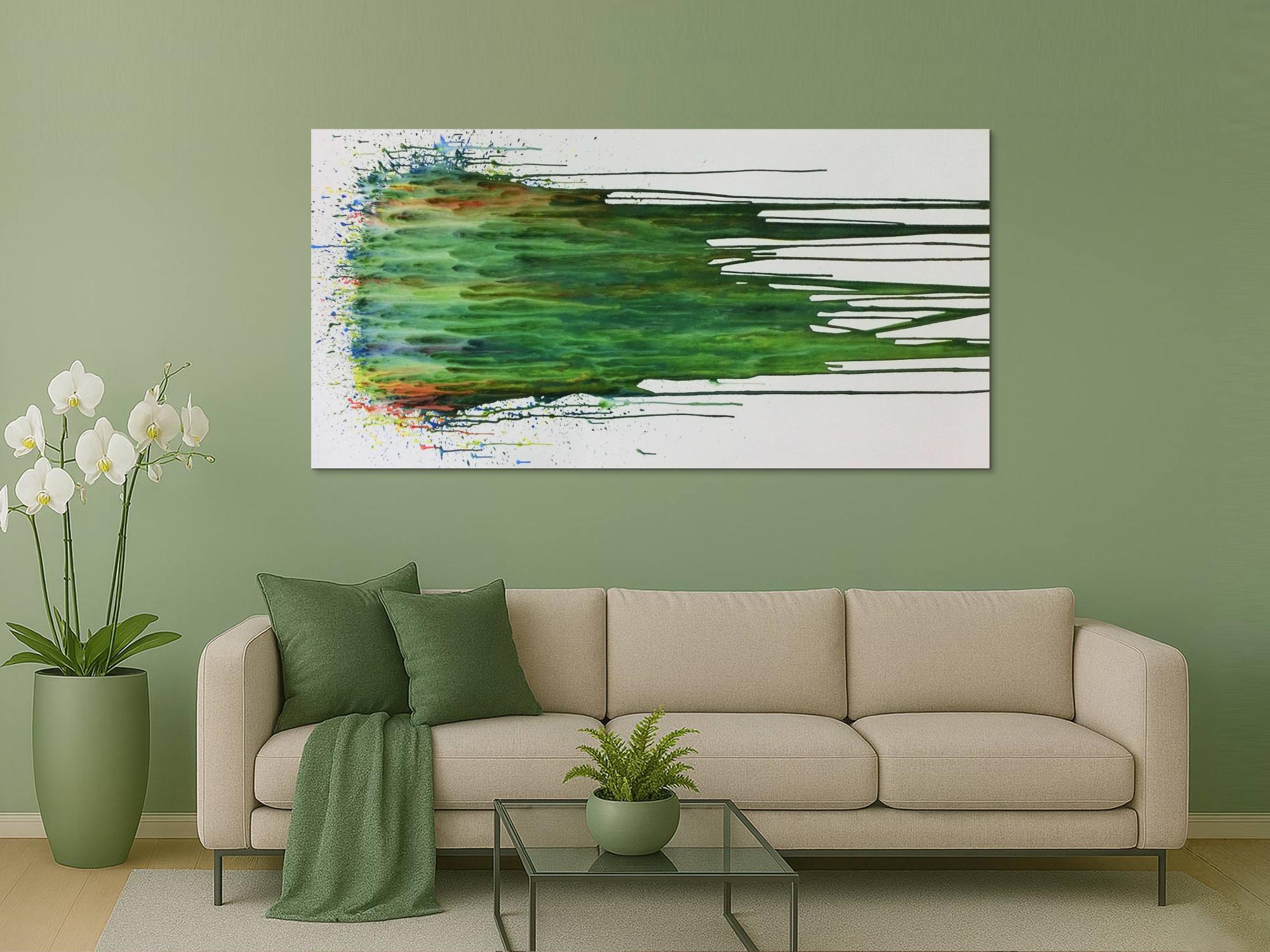 Abstraktes Acrylgemälde modern Fließtechnik grün türkis weiß