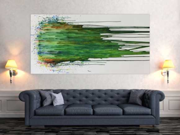 Abstraktes Acrylgemälde modern Fließtechnik grün türkis weiß