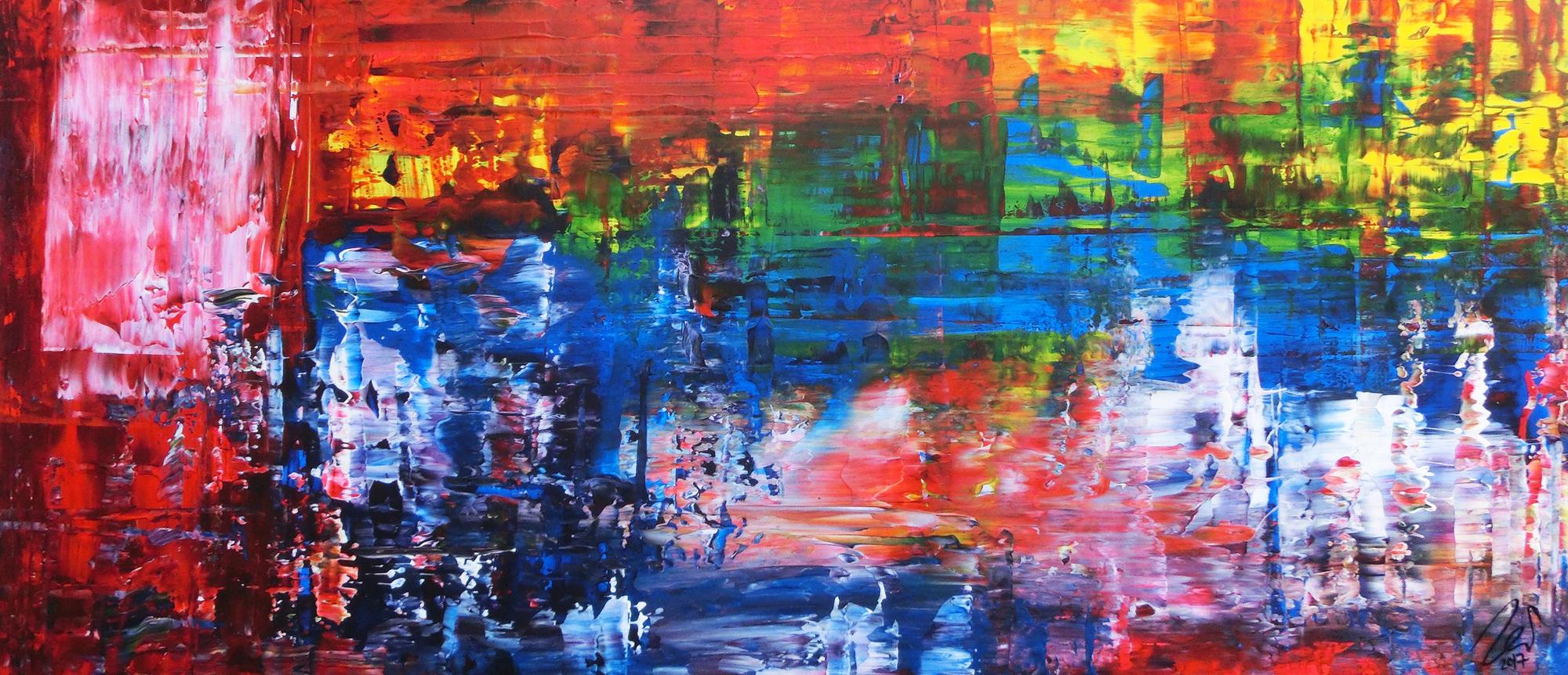 Abstraktes Gemälde bunt in Spachteltechnik modern viele Farben rot blau gelb