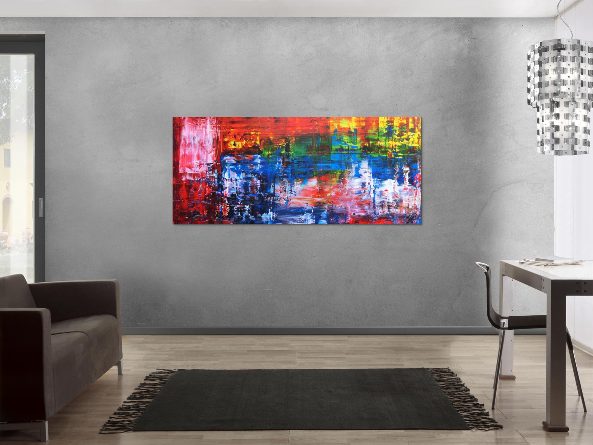 Abstraktes Gemälde bunt in Spachteltechnik modern viele Farben rot blau gelb