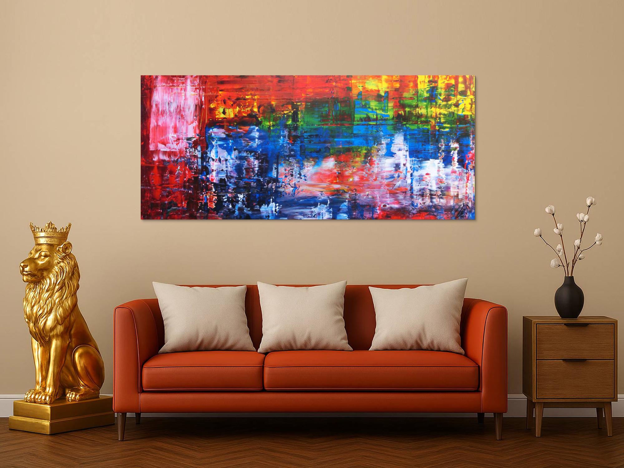 Abstraktes Gemälde bunt in Spachteltechnik modern viele Farben rot blau gelb