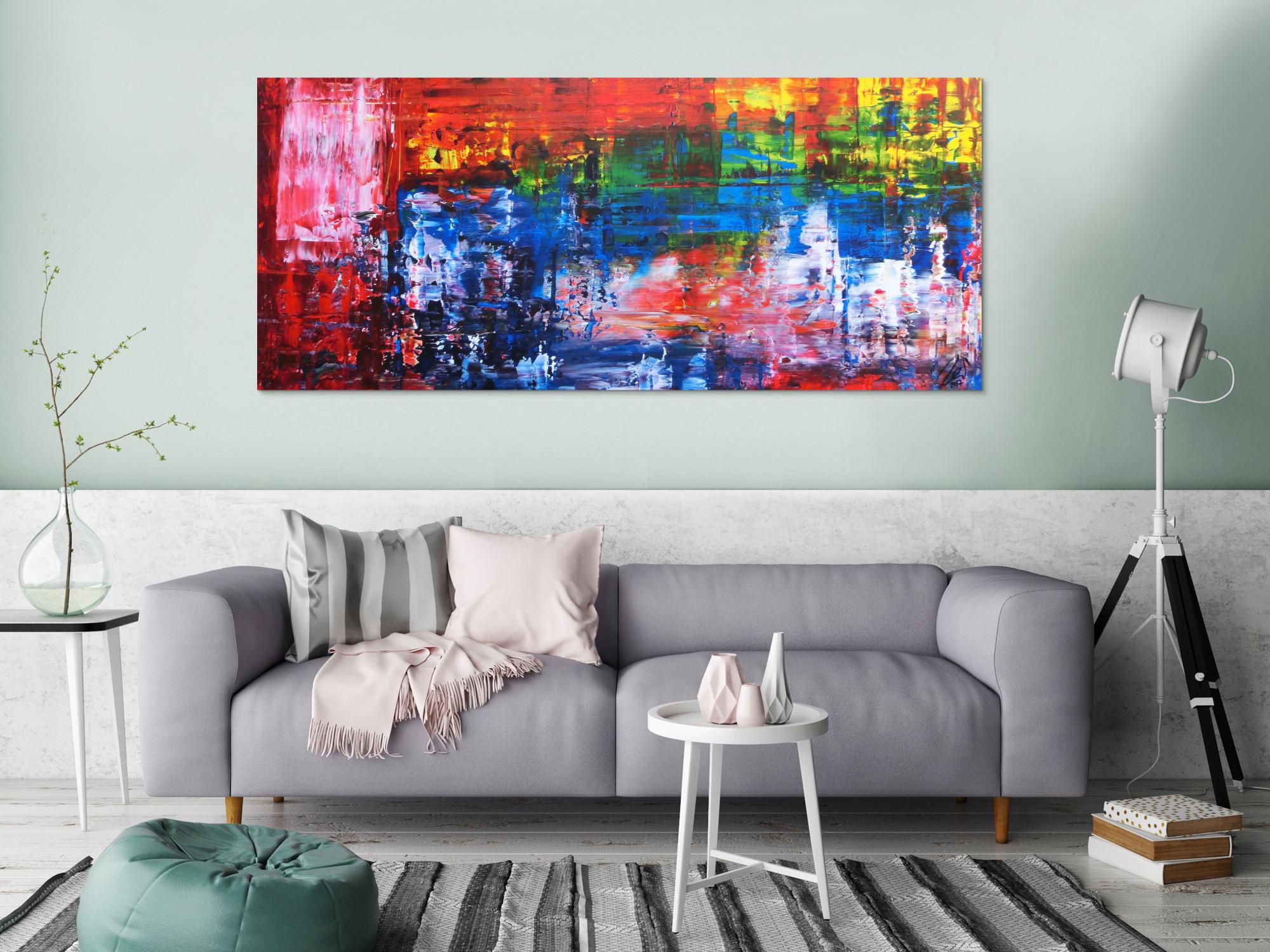 Abstraktes Gemälde bunt in Spachteltechnik modern viele Farben rot blau gelb