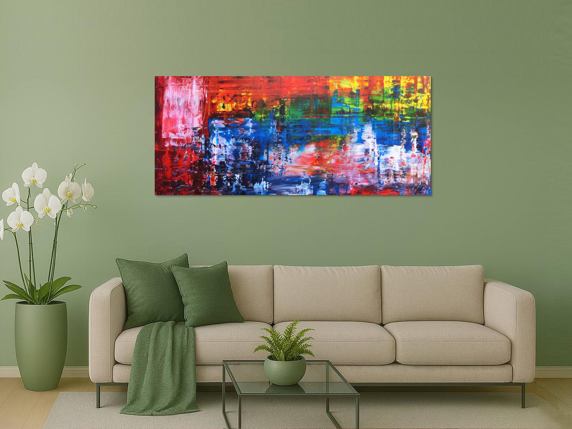 Abstraktes Gemälde bunt in Spachteltechnik modern viele Farben rot blau gelb