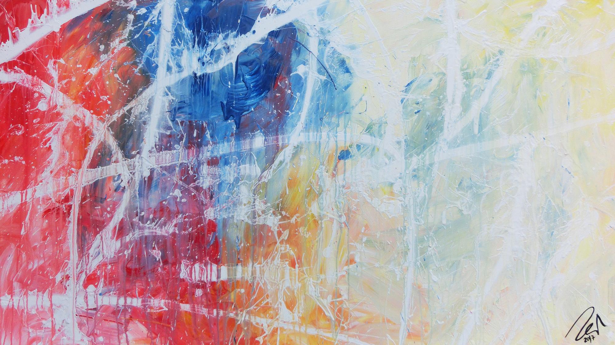 Modernes abstraktes Gemälde helle Farben bunt blau weiß rot gelb