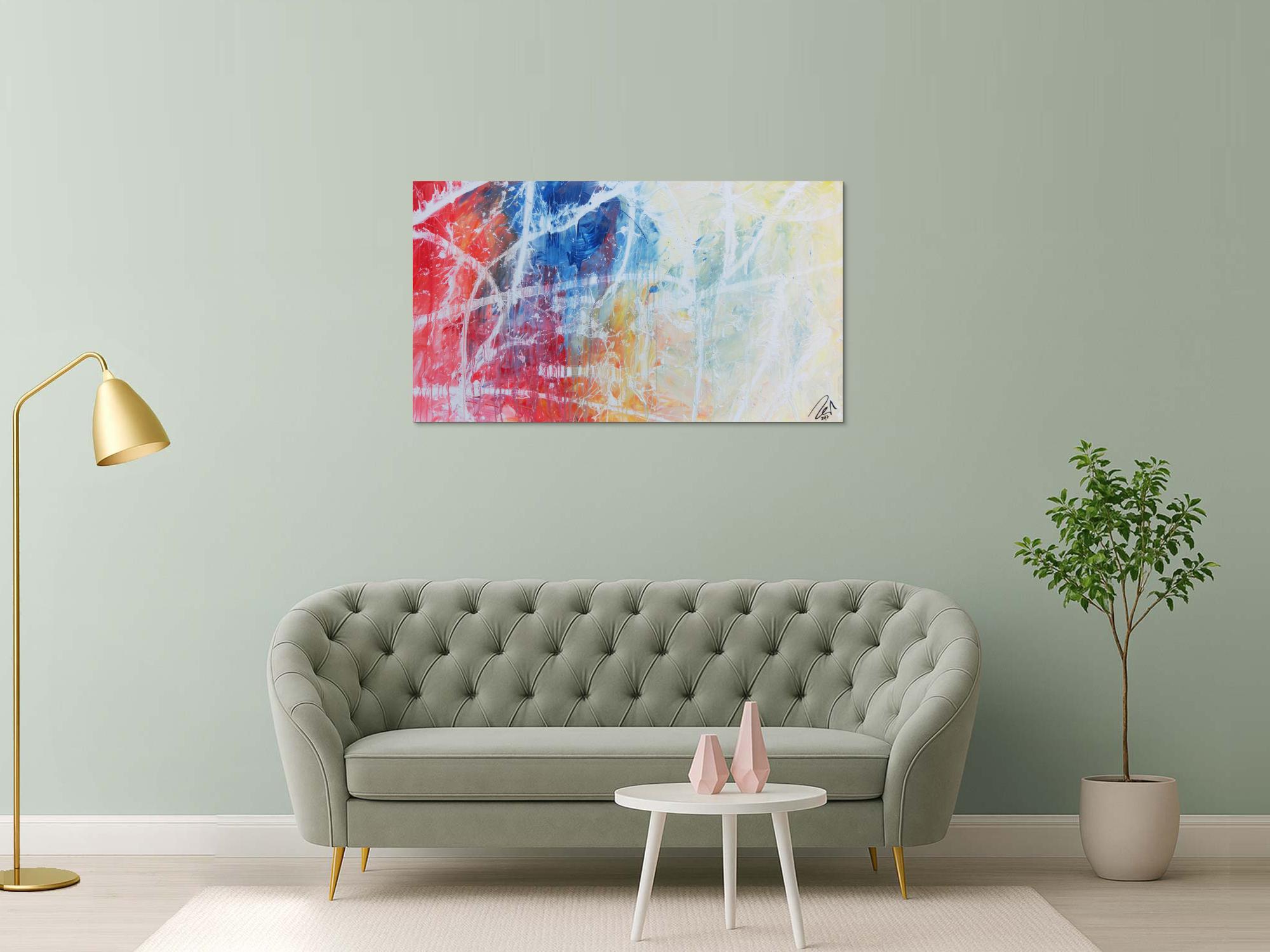 Modernes abstraktes Gemälde helle Farben bunt blau weiß rot gelb