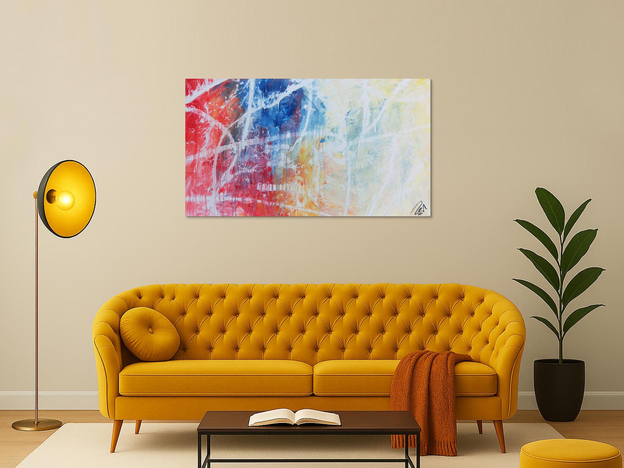 Modernes abstraktes Gemälde helle Farben bunt blau weiß rot gelb