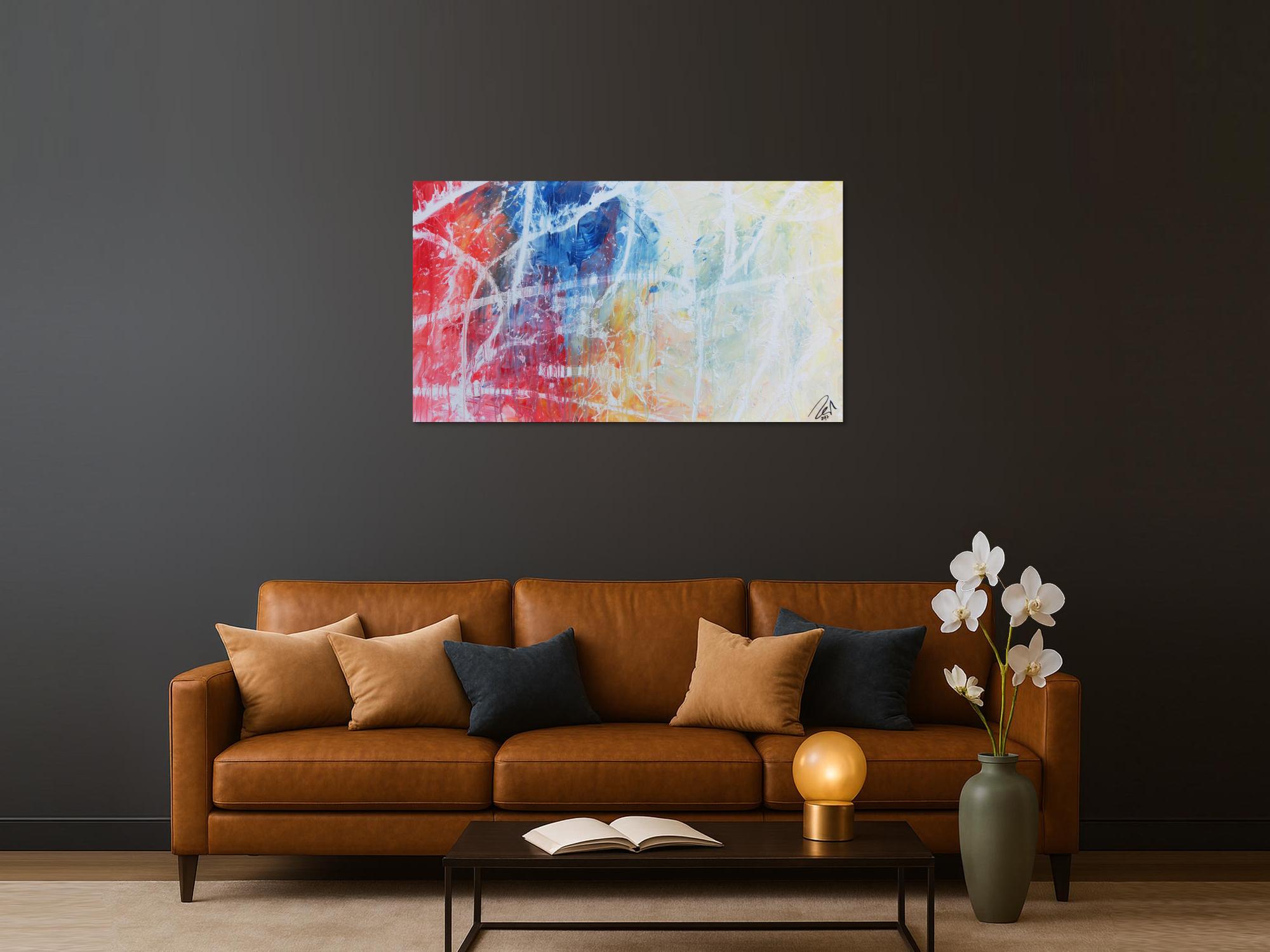 Modernes abstraktes Gemälde helle Farben bunt blau weiß rot gelb