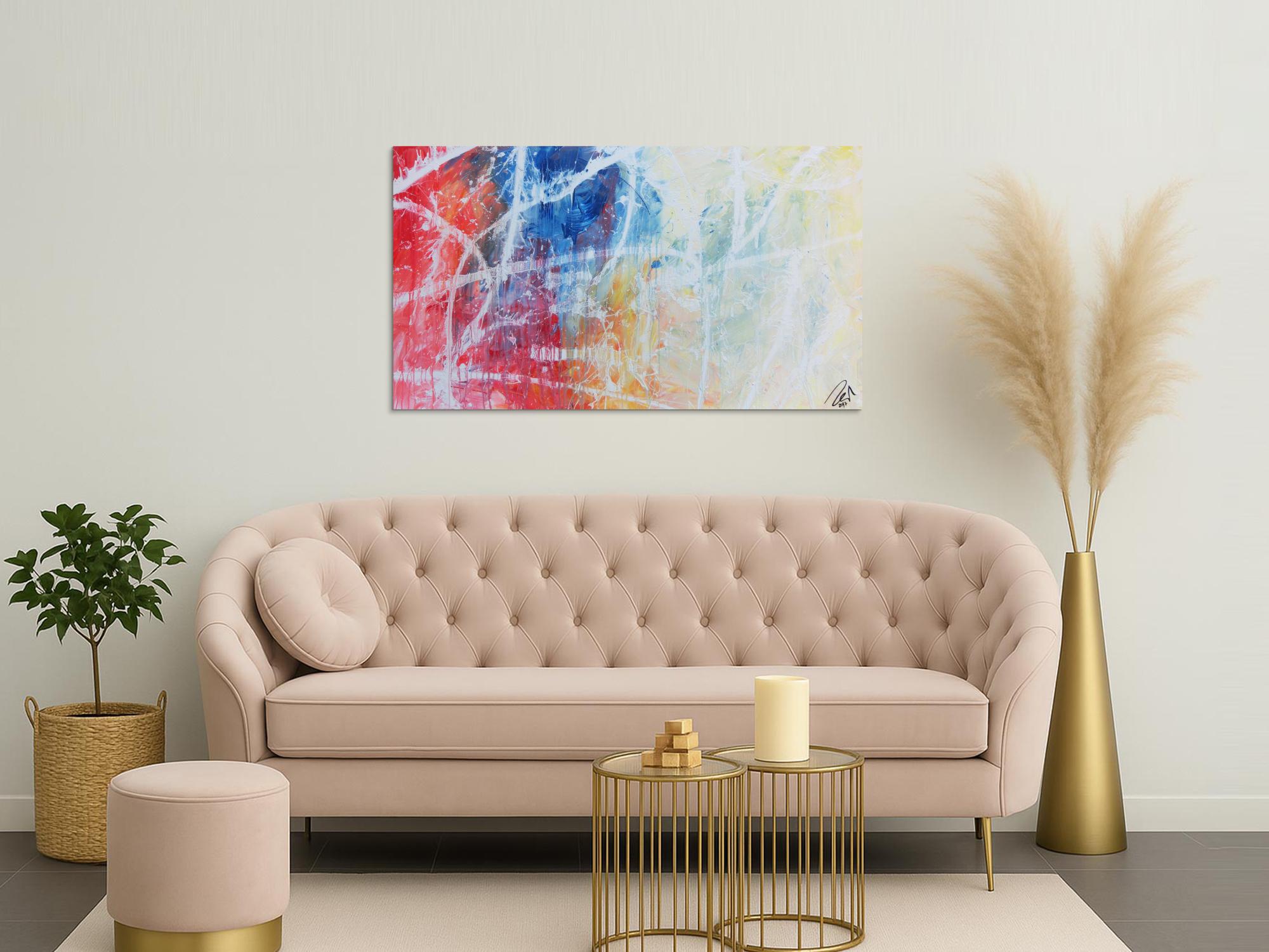 Modernes abstraktes Gemälde helle Farben bunt blau weiß rot gelb