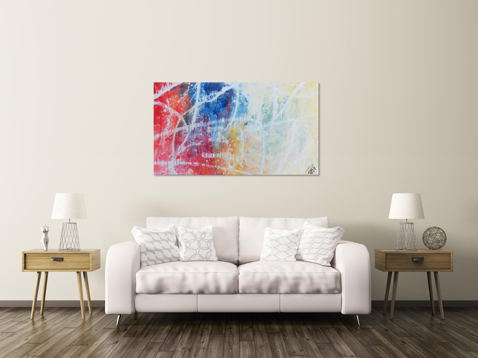 Modernes abstraktes Gemälde helle Farben bunt blau weiß rot gelb