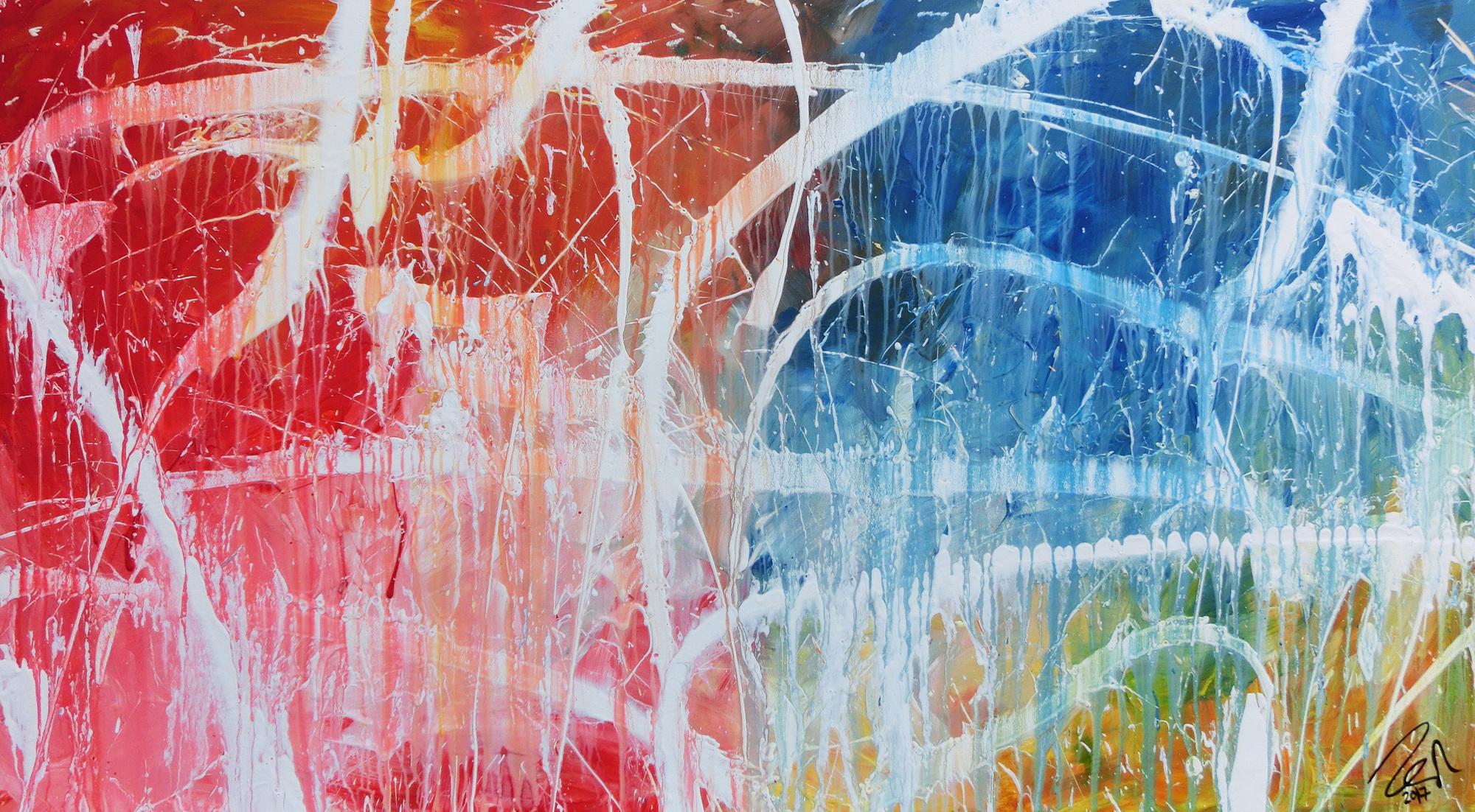 Abstraktes Acrylgemälde in hellen bunten Farben blau weiß rot gelb