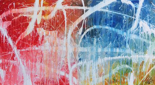 Abstraktes Acrylgemälde in hellen bunten Farben blau weiß rot gelb