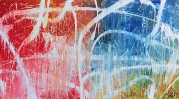 Abstraktes Acrylgemälde in hellen bunten Farben blau weiß rot gelb