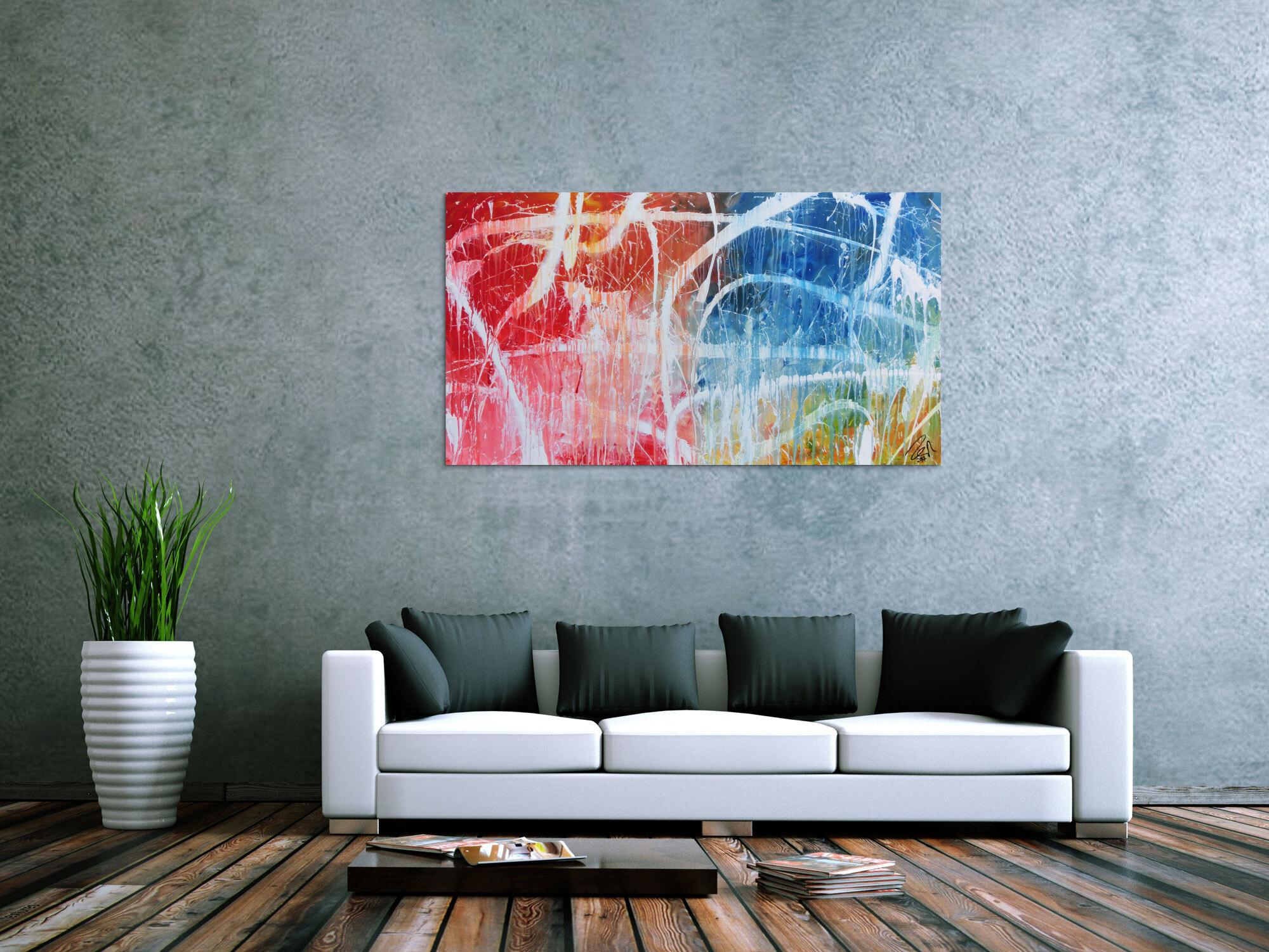 Abstraktes Acrylgemälde in hellen bunten Farben blau weiß rot gelb