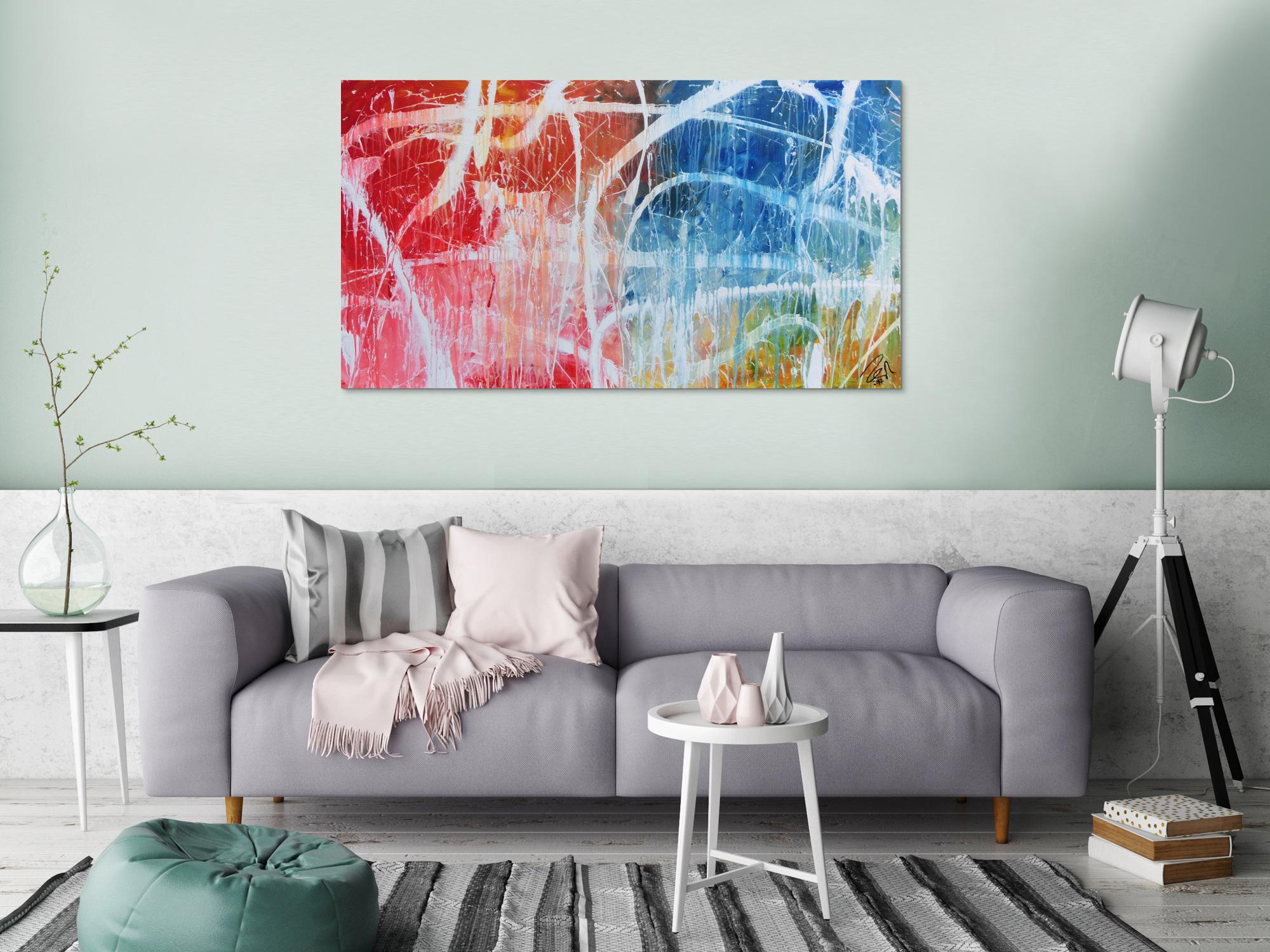 Abstraktes Acrylgemälde in hellen bunten Farben blau weiß rot gelb