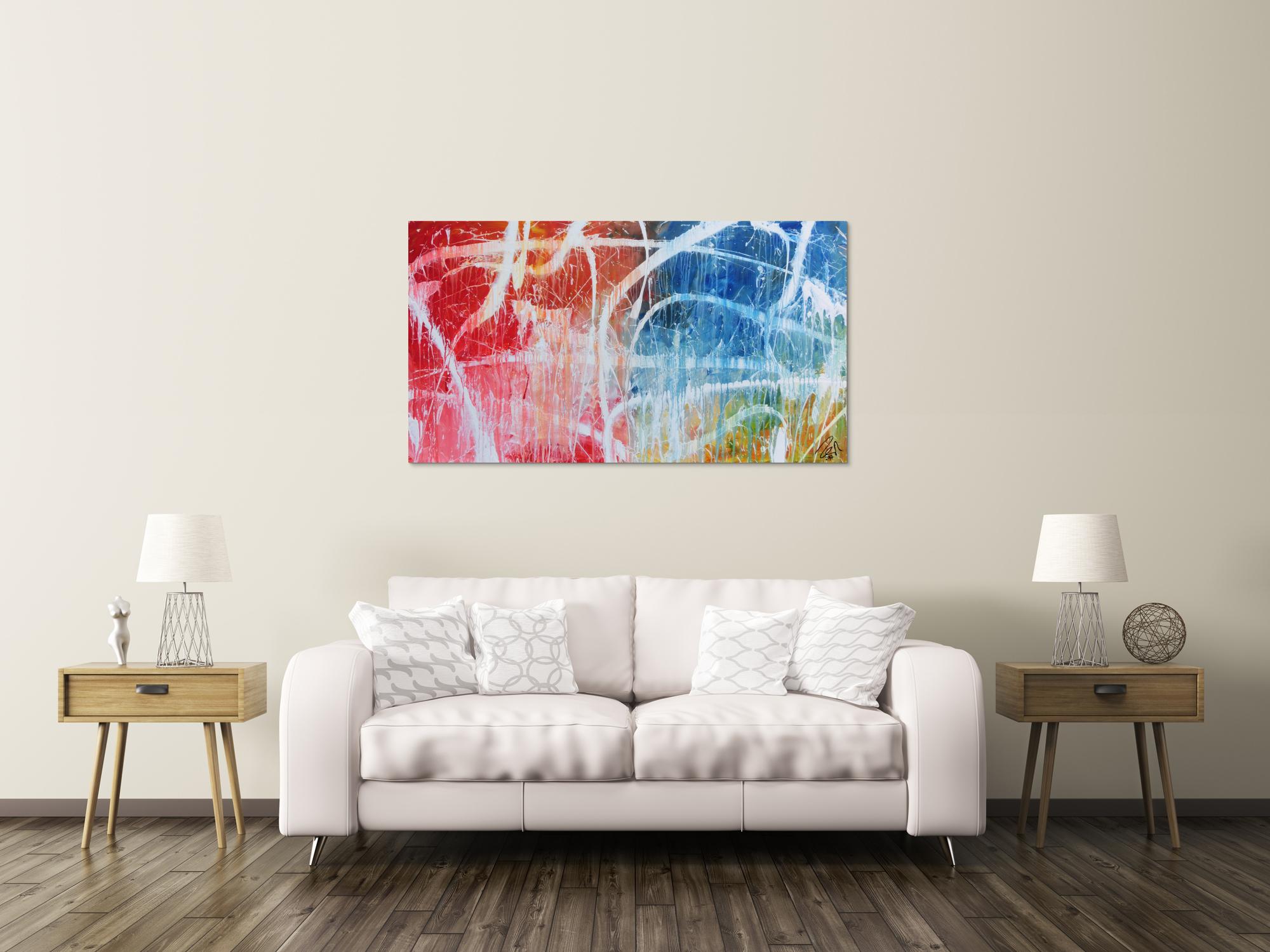 Abstraktes Acrylgemälde in hellen bunten Farben blau weiß rot gelb