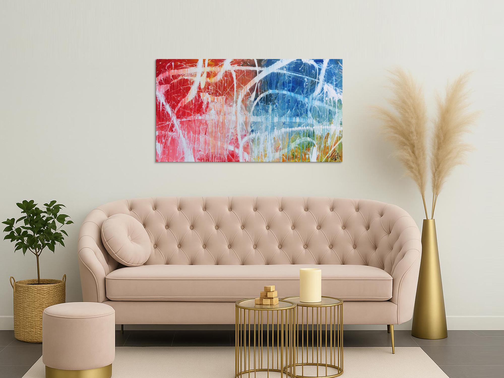 Abstraktes Acrylgemälde in hellen bunten Farben blau weiß rot gelb