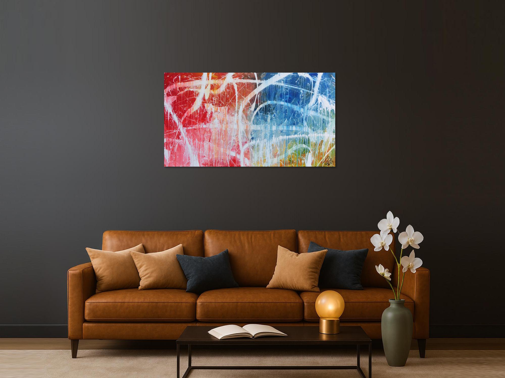 Abstraktes Acrylgemälde in hellen bunten Farben blau weiß rot gelb