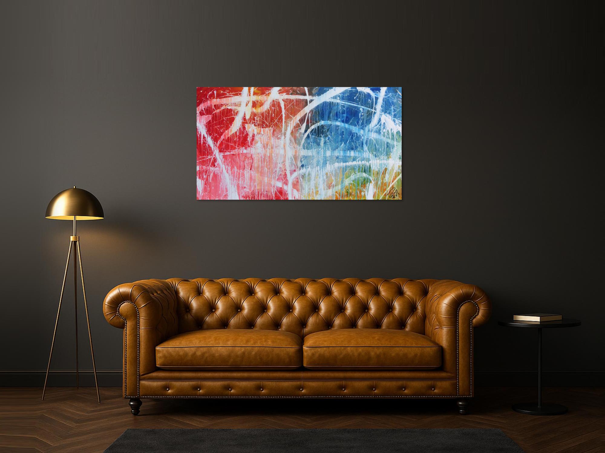 Abstraktes Acrylgemälde in hellen bunten Farben blau weiß rot gelb