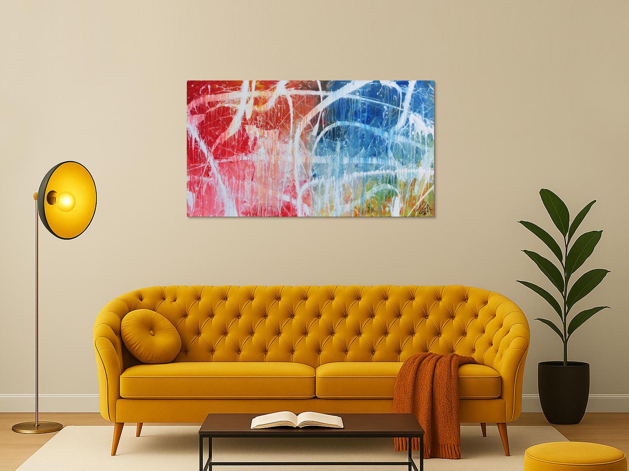 Abstraktes Acrylgemälde in hellen bunten Farben blau weiß rot gelb