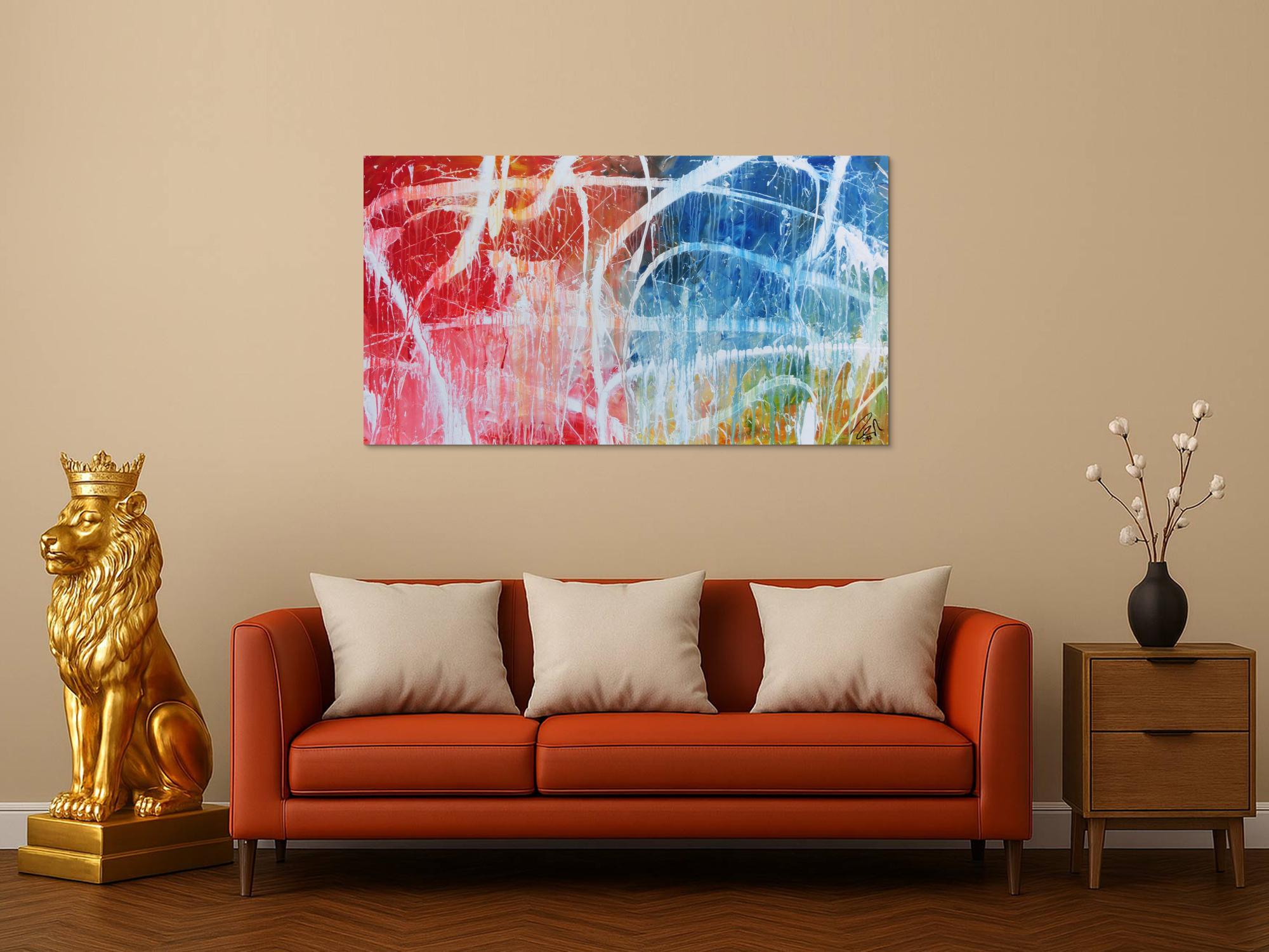 Abstraktes Acrylgemälde in hellen bunten Farben blau weiß rot gelb