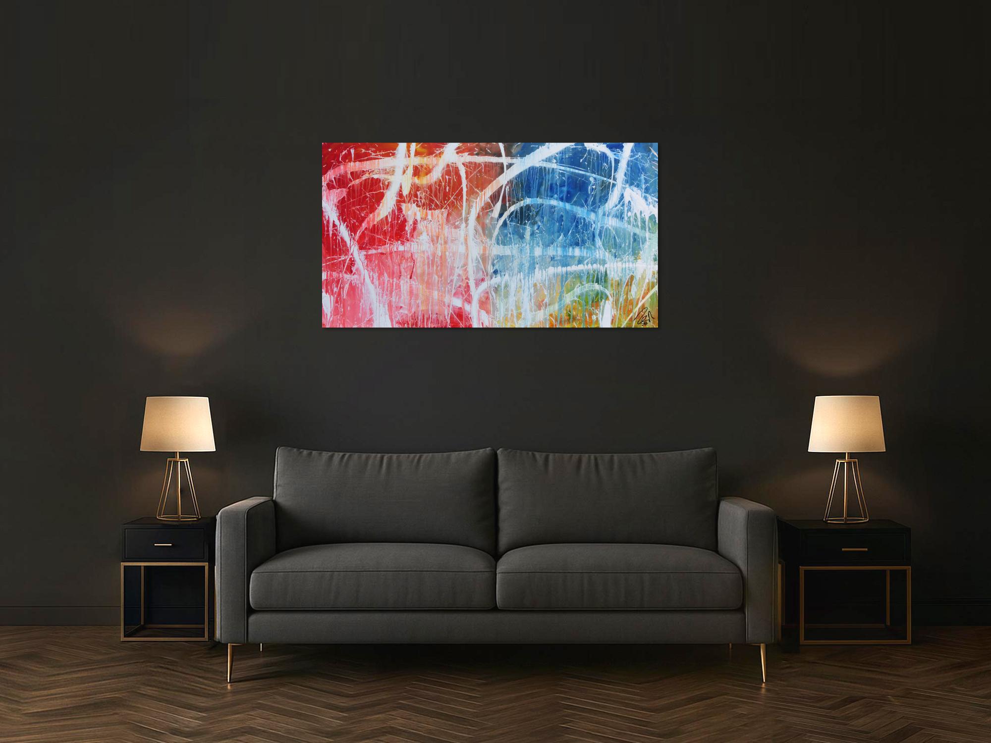 Abstraktes Acrylgemälde in hellen bunten Farben blau weiß rot gelb