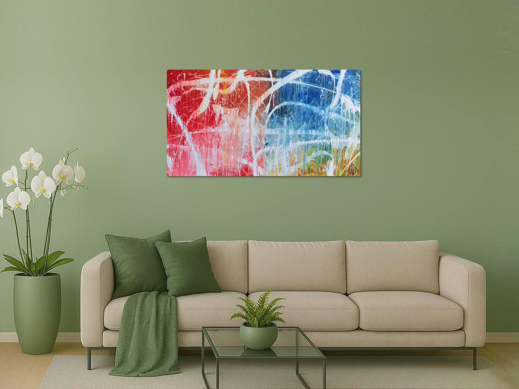 Abstraktes Acrylgemälde in hellen bunten Farben blau weiß rot gelb