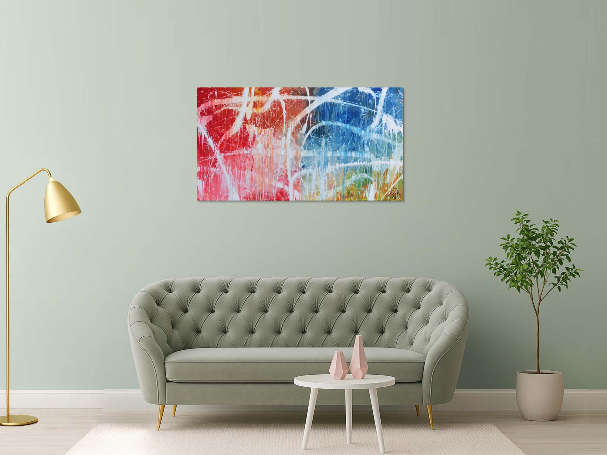 Abstraktes Acrylgemälde in hellen bunten Farben blau weiß rot gelb