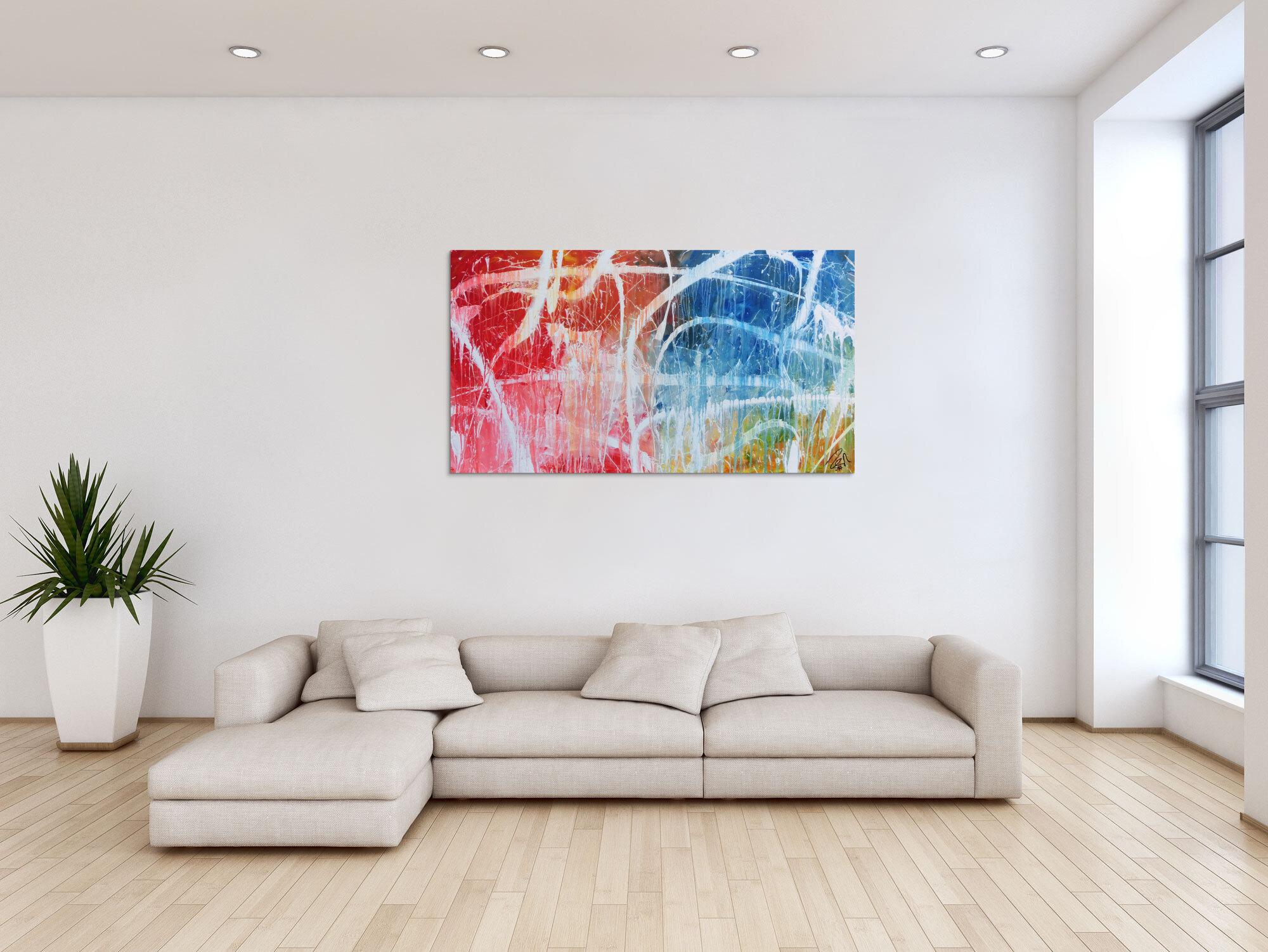 Abstraktes Acrylgemälde in hellen bunten Farben blau weiß rot gelb