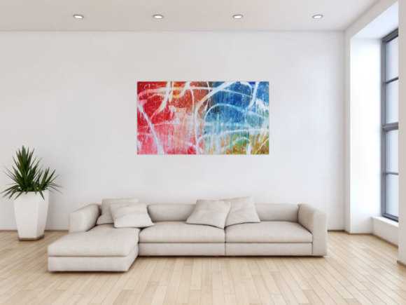 Abstraktes Acrylgemälde in hellen bunten Farben blau weiß rot gelb