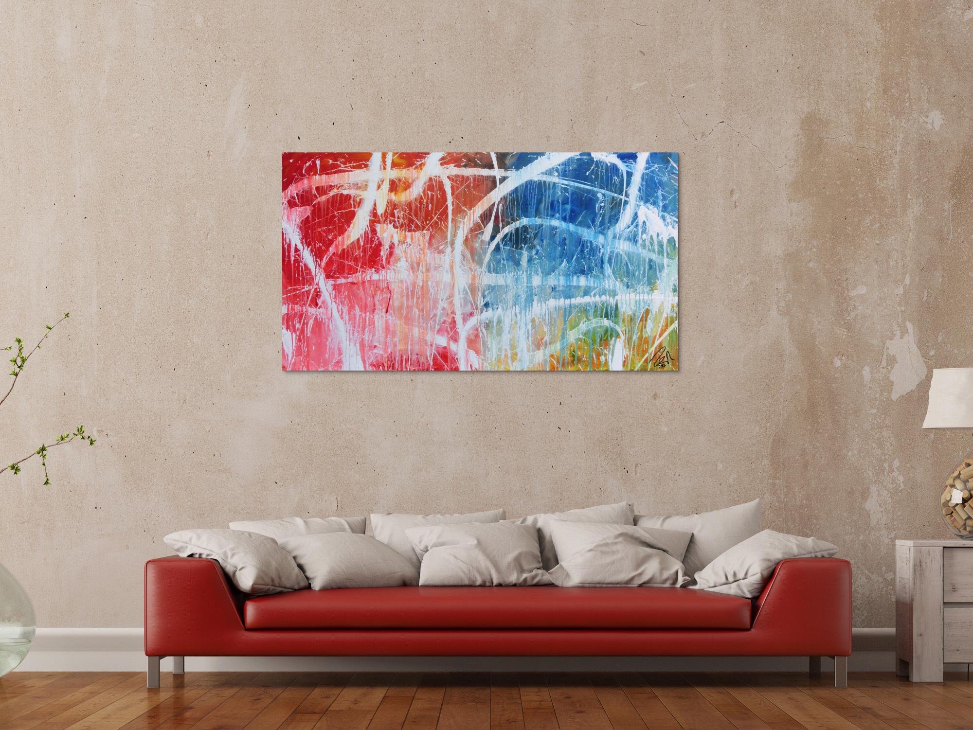 Abstraktes Acrylgemälde in hellen bunten Farben blau weiß rot gelb