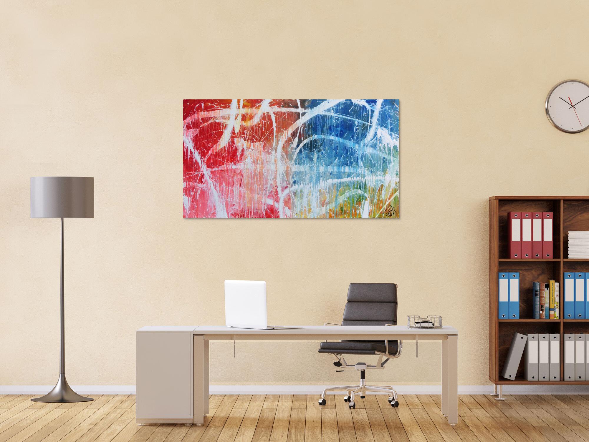 Abstraktes Acrylgemälde in hellen bunten Farben blau weiß rot gelb