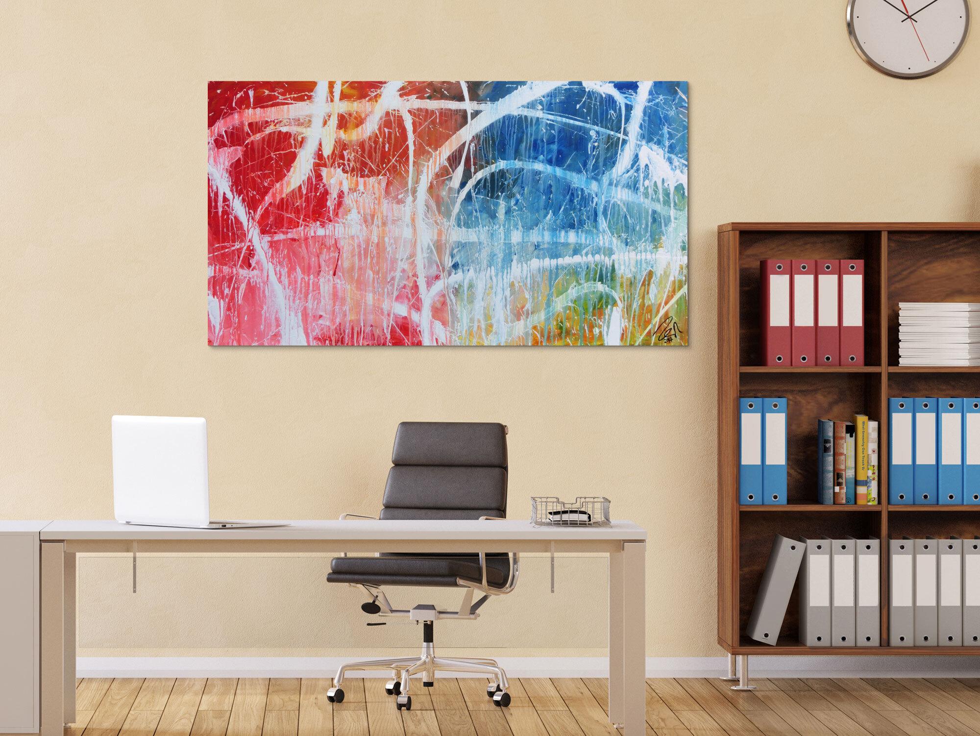 Abstraktes Acrylgemälde in hellen bunten Farben blau weiß rot gelb