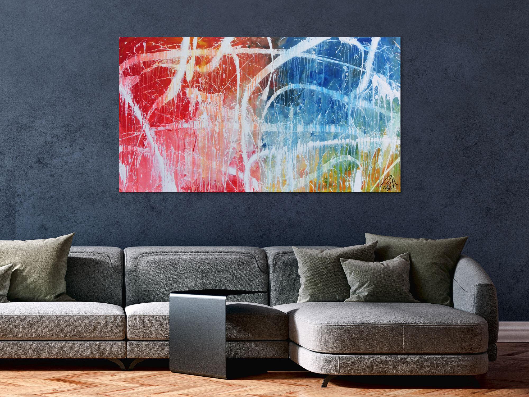 Abstraktes Acrylgemälde in hellen bunten Farben blau weiß rot gelb