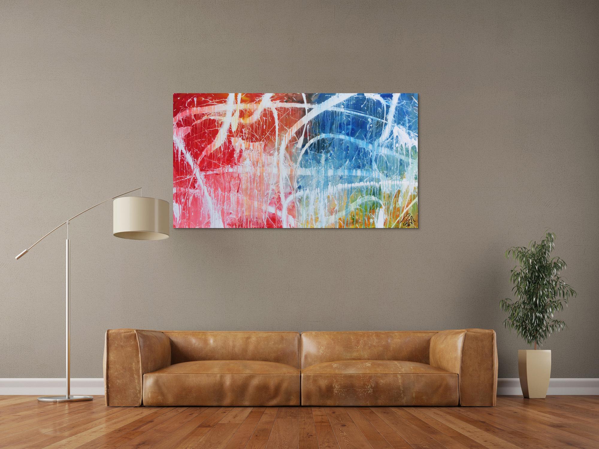 Abstraktes Acrylgemälde in hellen bunten Farben blau weiß rot gelb