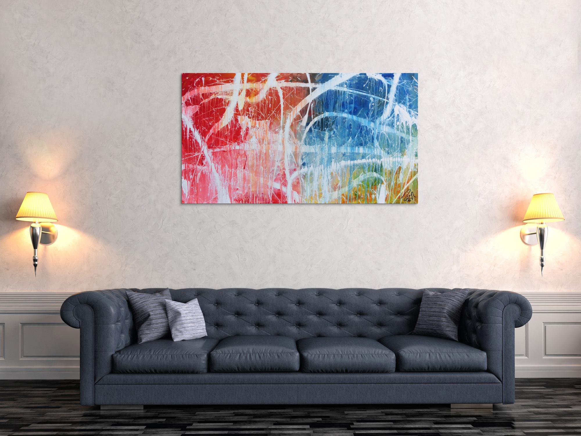 Abstraktes Acrylgemälde in hellen bunten Farben blau weiß rot gelb