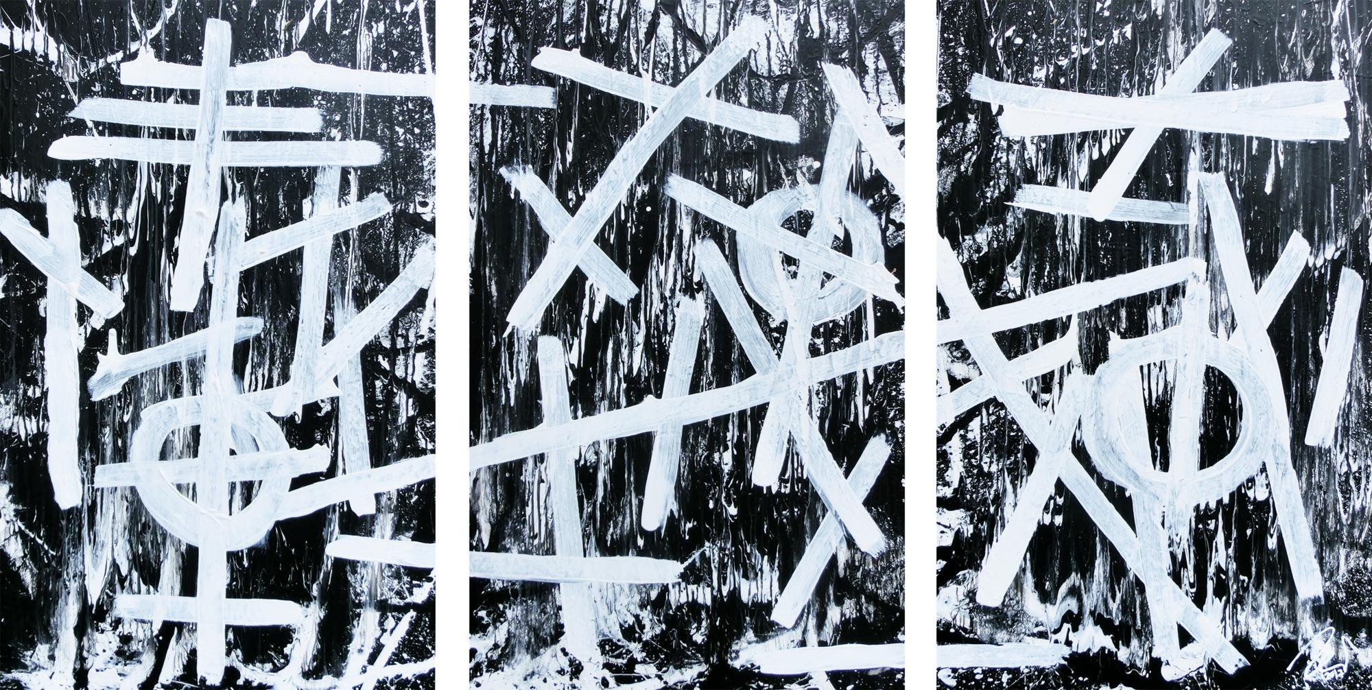 Abstraktes Gemälde schwarz weiß minimalistisch Triptychon drei Teile