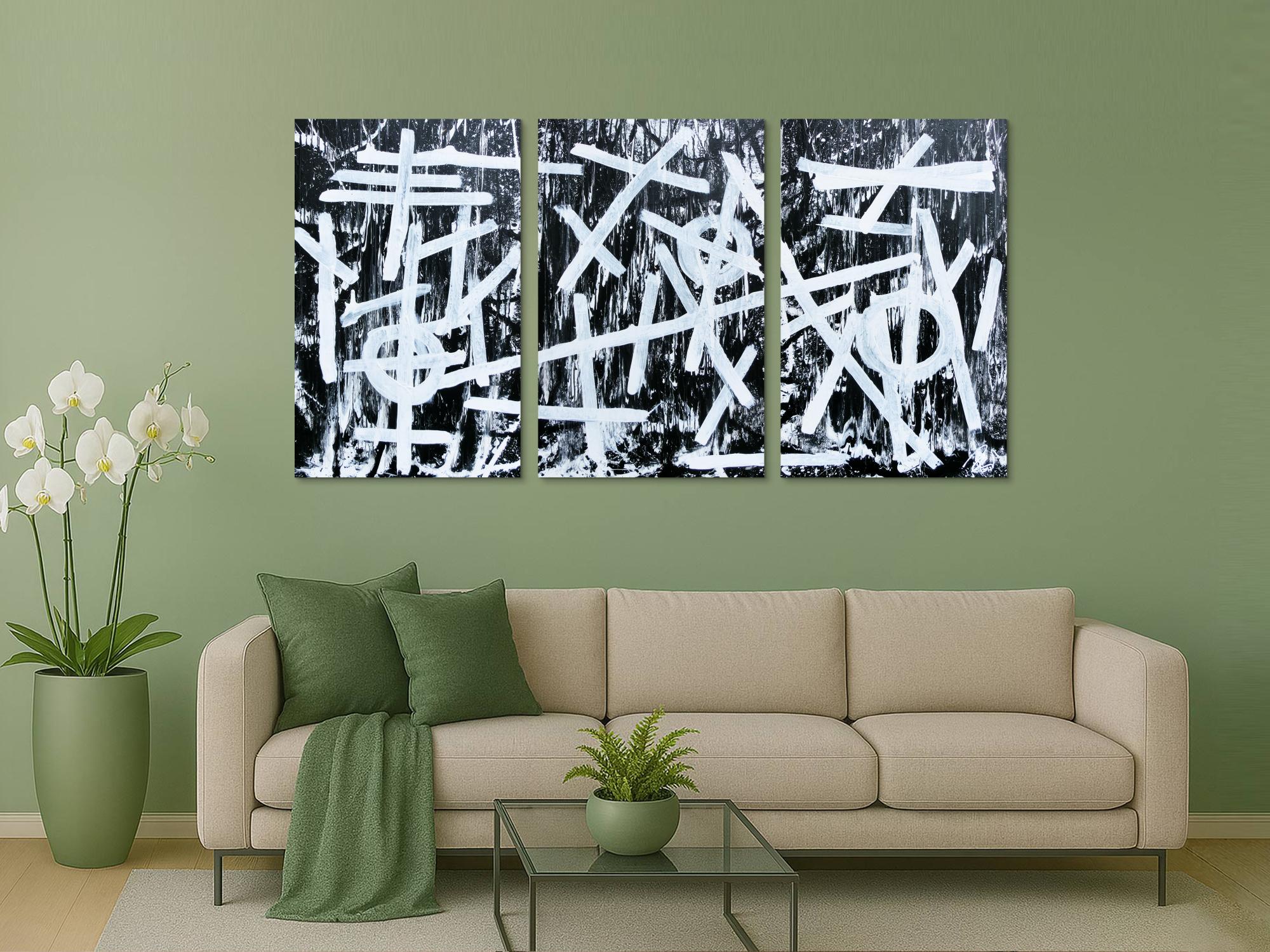 Abstraktes Gemälde schwarz weiß minimalistisch Triptychon drei Teile