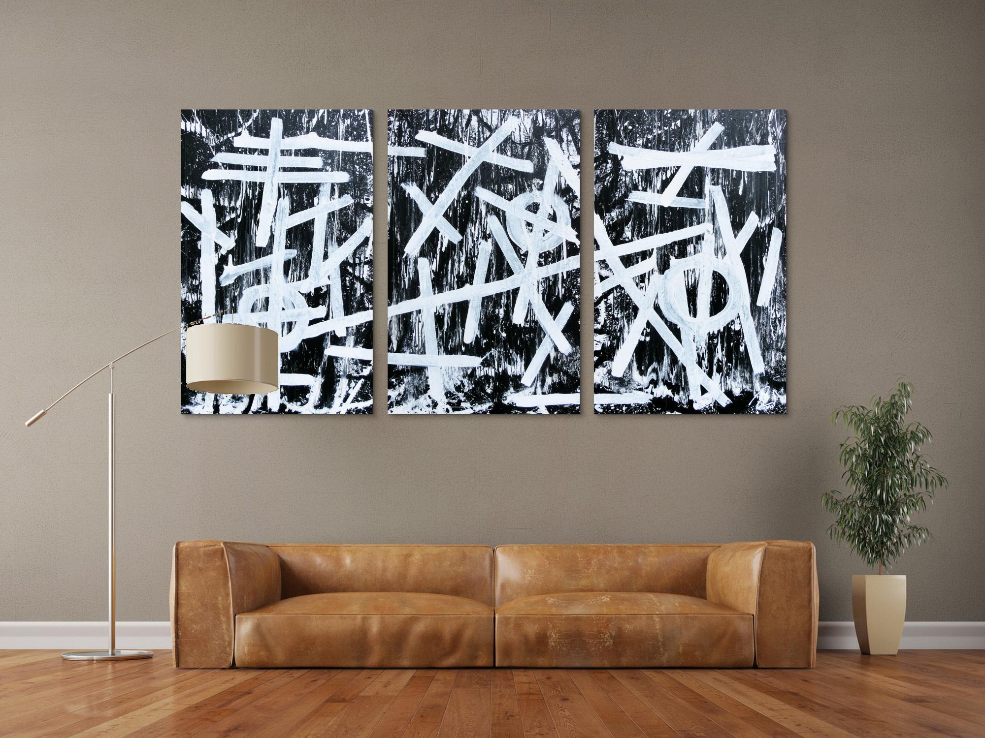 Abstraktes Gemälde schwarz weiß minimalistisch Triptychon drei Teile