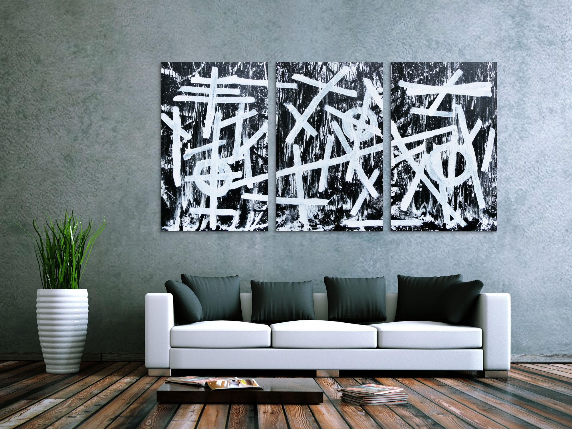 Abstraktes Gemälde schwarz weiß minimalistisch Triptychon drei Teile