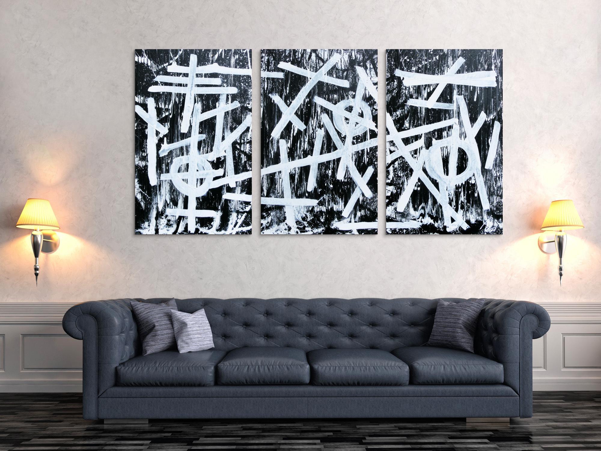 Abstraktes Gemälde schwarz weiß minimalistisch Triptychon drei Teile