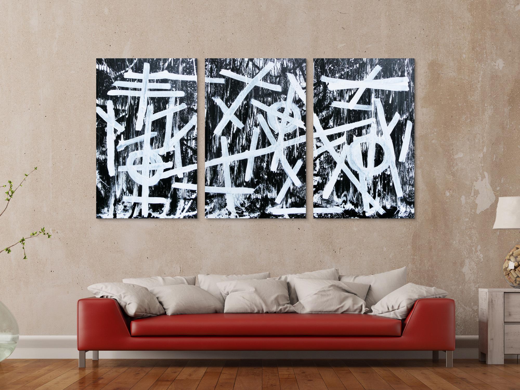 Abstraktes Gemälde schwarz weiß minimalistisch Triptychon drei Teile