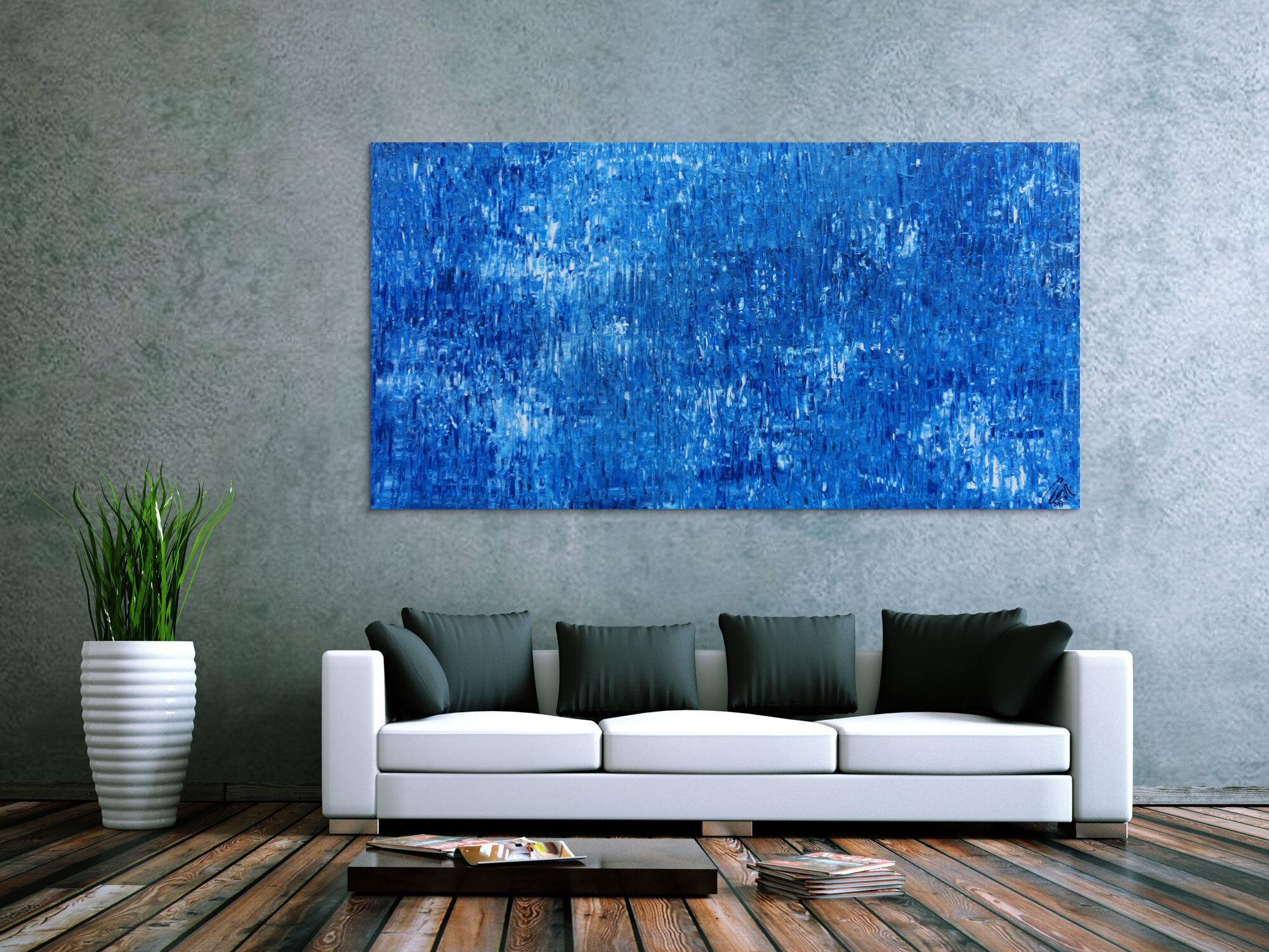Abstraktes Acrylbild Gemälde blau weiß modern schlicht Spachteltechnik