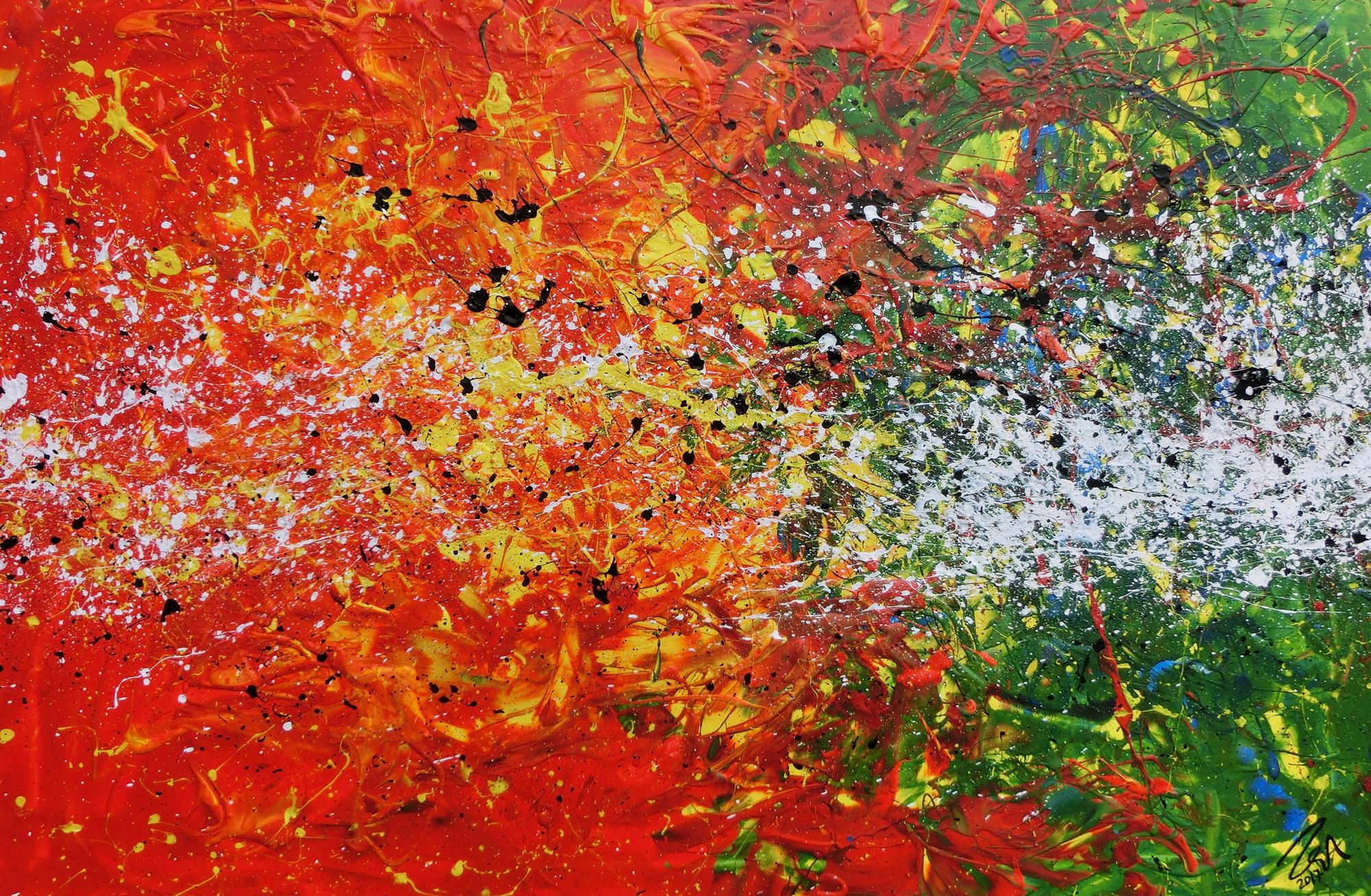 Modernes Acrylgemälde abstrakt orange grün weiß Splashstyle Action Painting