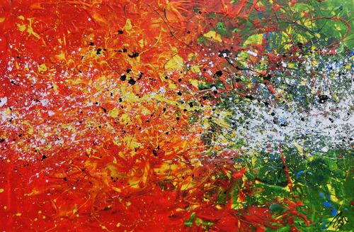 Modernes Acrylgemälde abstrakt orange grün weiß Splashstyle Action Painting