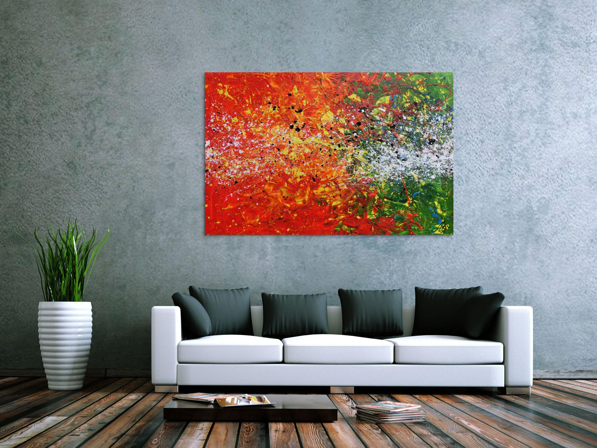 Modernes Acrylgemälde abstrakt orange grün weiß Splashstyle Action Painting